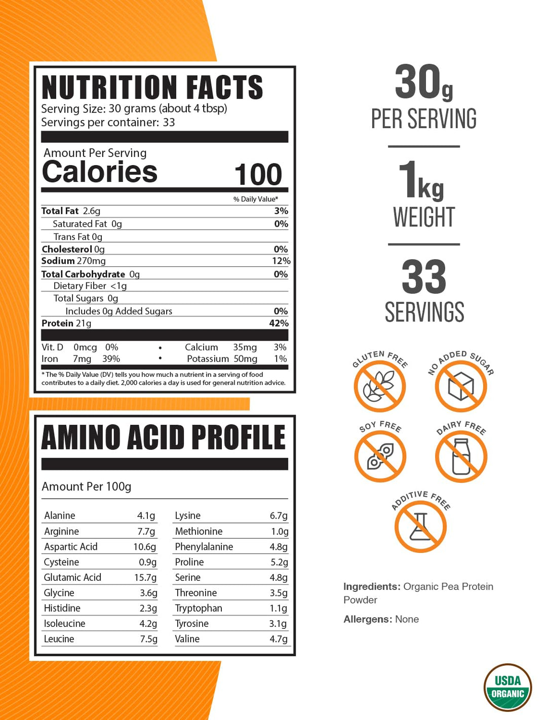 .com Organic Pea Protein Powder - Vegan Protein Powder, Pea Protein Powder - Unflavored, Plant Based Protein - Gluten Free, 30g per Serving, 1kg (2.2 lbs) (Pack of 1)