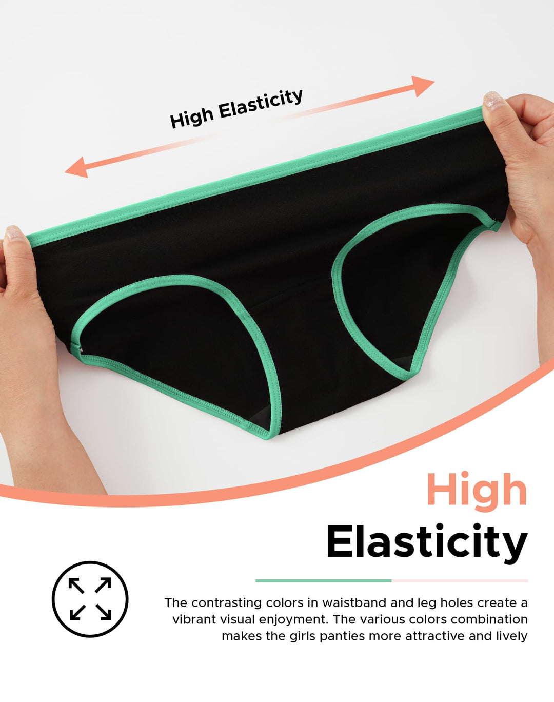 Girls Cotton Underwear Teen Comfortable Panties Size 8-16 Briefs 6 Pack(12-14 Years, Black With Neon Hem)