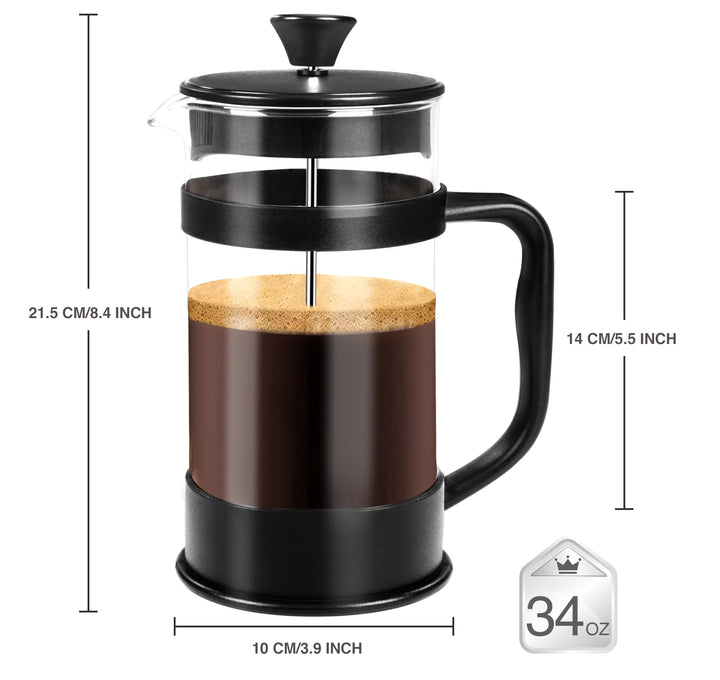 34 Ounce 1 Liter French Press Coffee Maker, Tea Maker, Travel Coffee Presses, Heat Resistant Thickened Borosilicate Coffee Pot for Camping Travel Gifts, Black Pack of 1