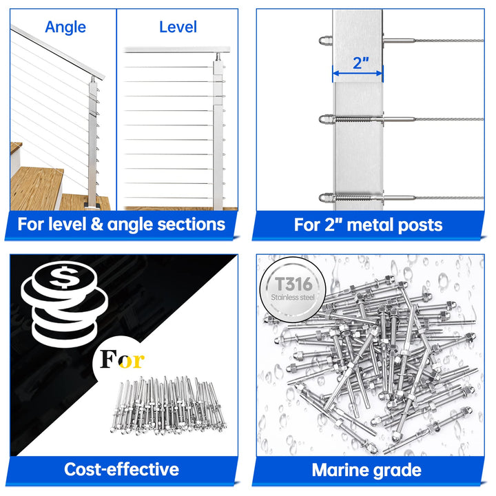 Muzata 60 Pack Cable Railing Kit Hand Swage Threaded St