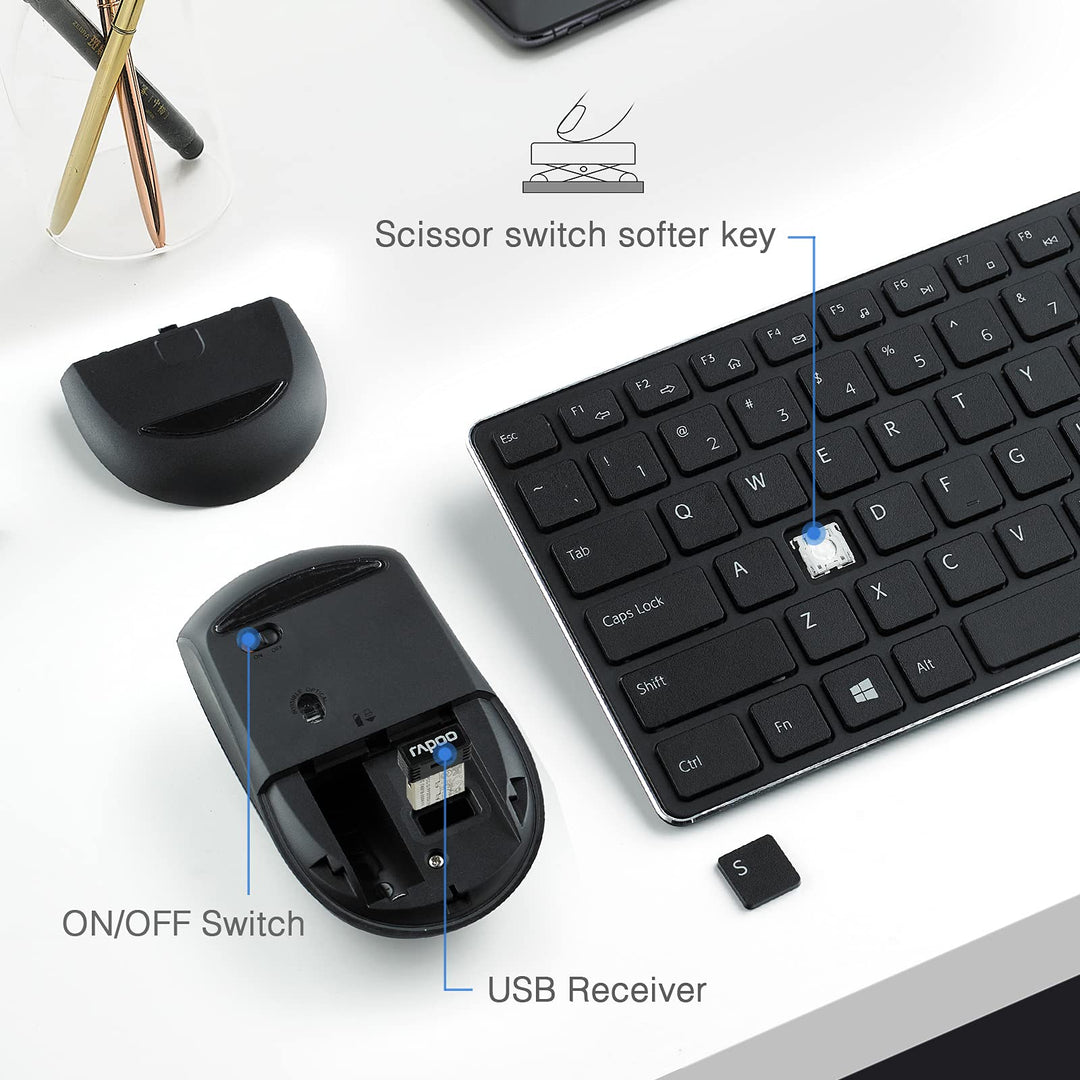 Rapoo Slim Wireless Keyboard and Mute Mouse Combo, 4.9m