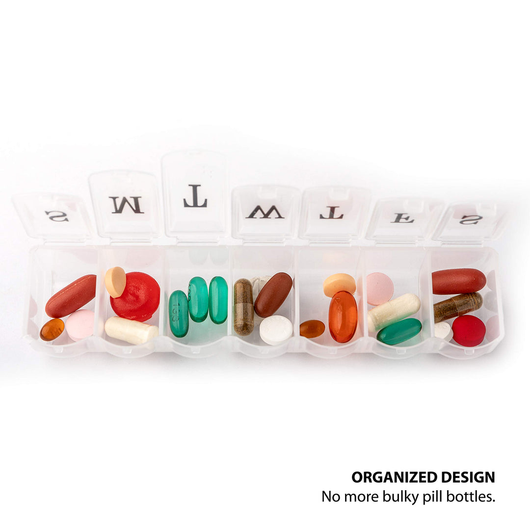 Pill Organizer Box Case, 7 Daily Container compartments, Weekly dosis Boxes, Medicine Holder, Ideal for Medication, Vitamin, Supplement, Perfect for Travel, Ideal for Purse BS0090J