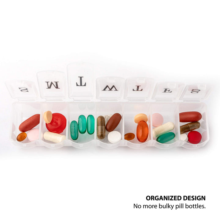 Pill Organizer Box Case, 7 Daily Container compartments, Weekly dosis Boxes, Medicine Holder, Ideal for Medication, Vitamin, Supplement, Perfect for Travel, Ideal for Purse BS0090J