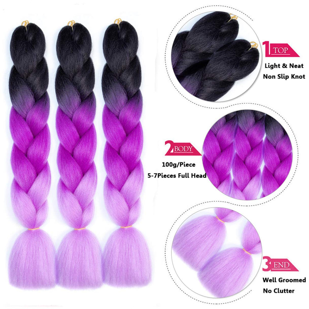 Jumbo Braiding Hair 5PCS/Lot Ombre Kanekalon Pre Stretched Braiding Hair Extensions High Temperature Synthetic Burgundy Blonde Kids Hair 24 Inch Hair for Braiding (black-purple-light purple)