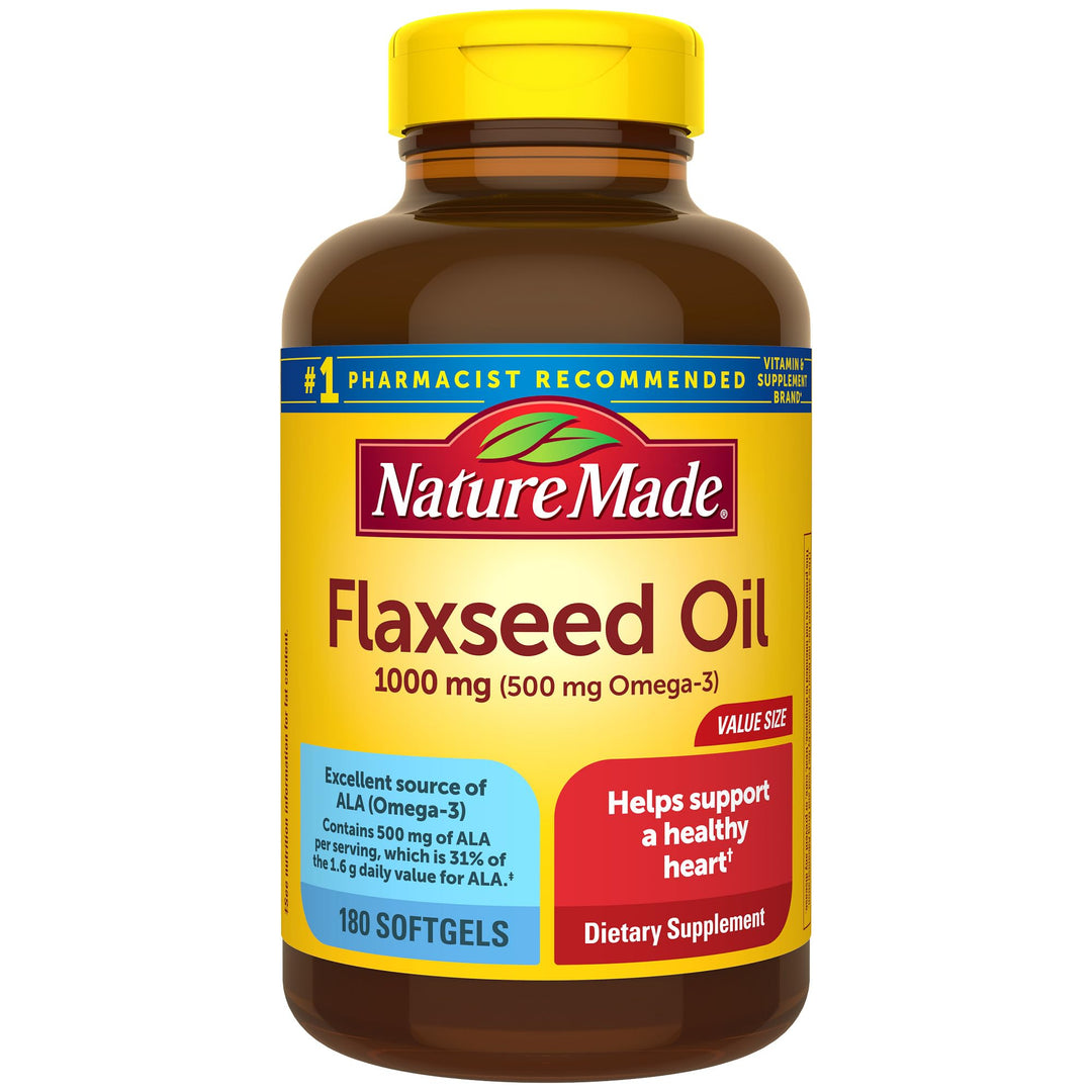 Flaxseed Oil 1000 mg, Fish Free Omega 3 Supplement, Dietary Supplement for Heart Health Support, 180 Softgels, 180 Day Supply