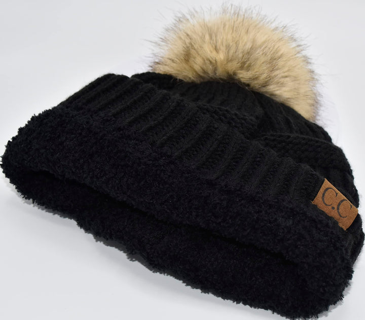 Trendy Fuzzy Sherpa Fleece Lined Warm Soft Stretch Cable Knit Faux Fur Pom Pom Skull Cap Cuff Beanie Hat, Black