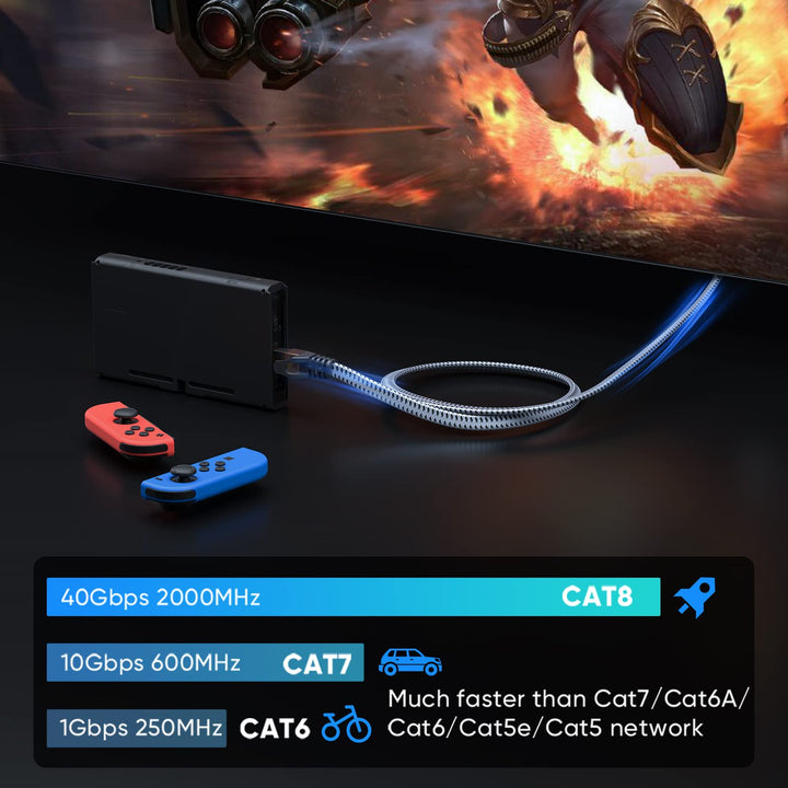 Cat 8 Ethernet Cable 10 FT 2 Pack, 40Gbps 2000Mhz High Speed Cat8 Network LAN Patch Cord, Nylon Braided Heavy Duty Shielded RJ45 Flat Internet Cable for Indoor Outdoor - 10 Feet (Grey)