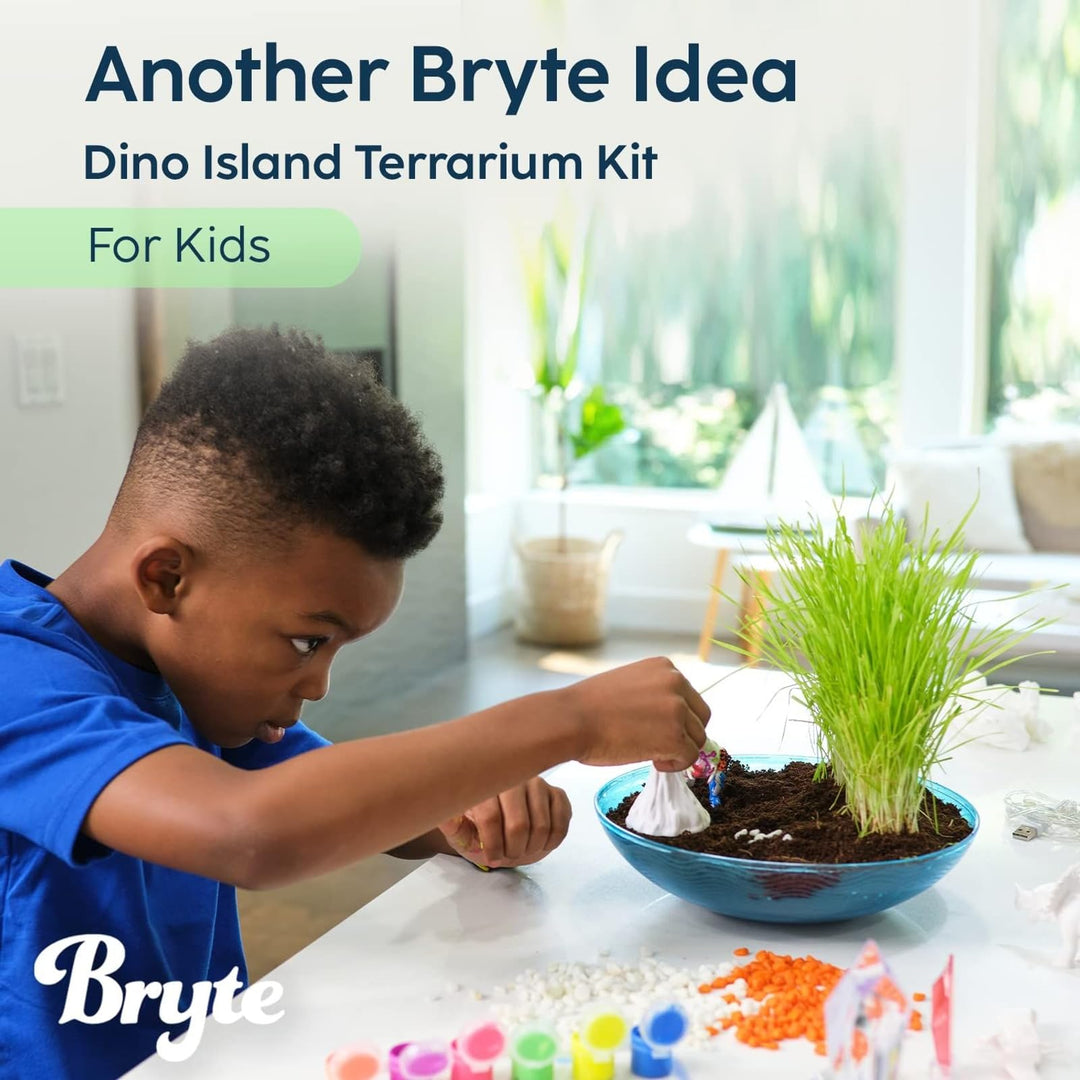 Bryte Light Up Dinosaur Terrarium Kit for Kids - Dino Habitat with Real Plants, Figurines, Volcano &amp; LED Lights, DIY Science Kit, STEM &amp; Arts Crafts Toys, Birthday Gifts for Boys Aged 4-12 yrs