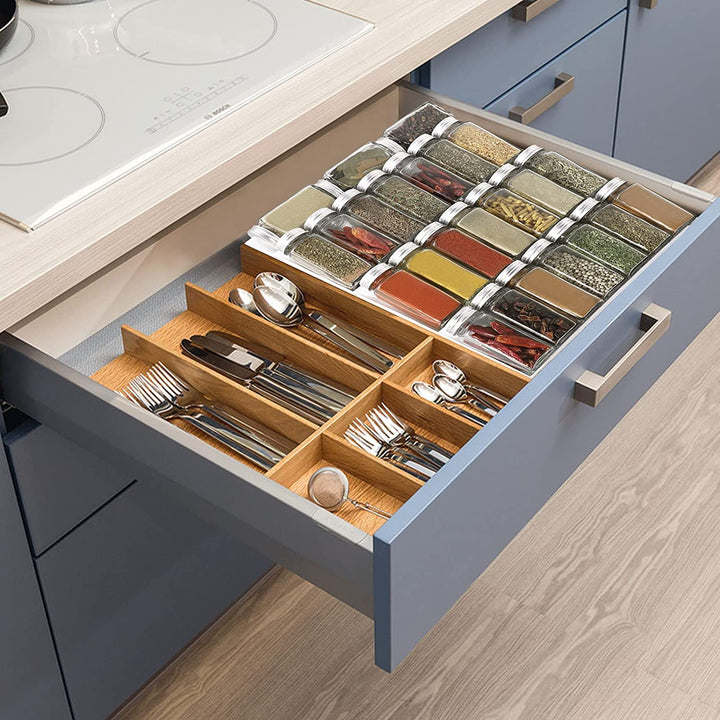 e Drawer Organizer, 4 Tier Spice Rack Organizer for Cabinet Drawer, 2 Pack Expandable Seasoning Organizer Insert from 12 to 24, Drawer Spice Rack Tray for Cabinet/Countertop (Black)