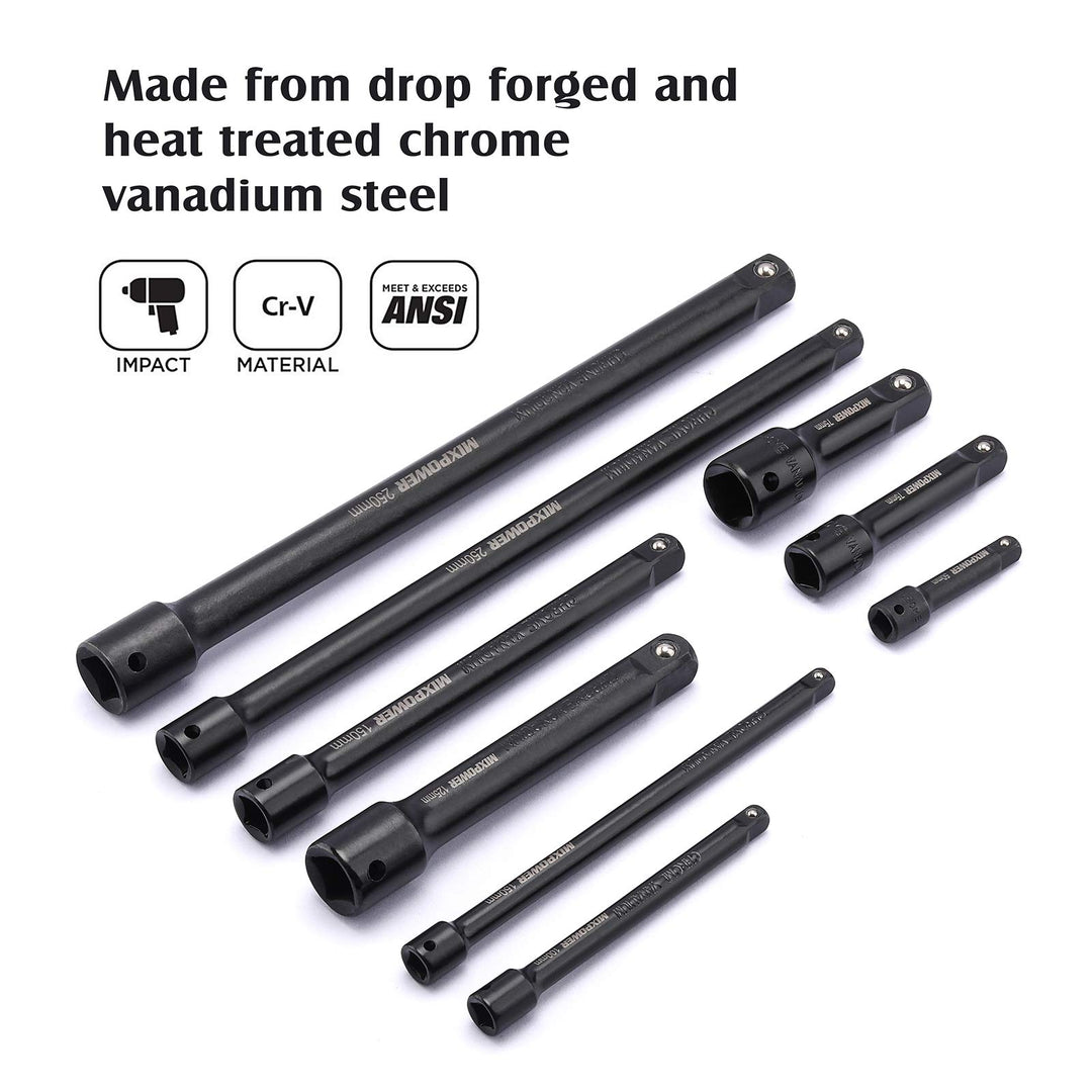 9-Piece Extension Bar Set, 1/4, 3/8 and 1/2 Drive Socket Extension, Premium Chrome Vanadium Steel with Black Phosphate Finish, Engineered for Impact Drivers