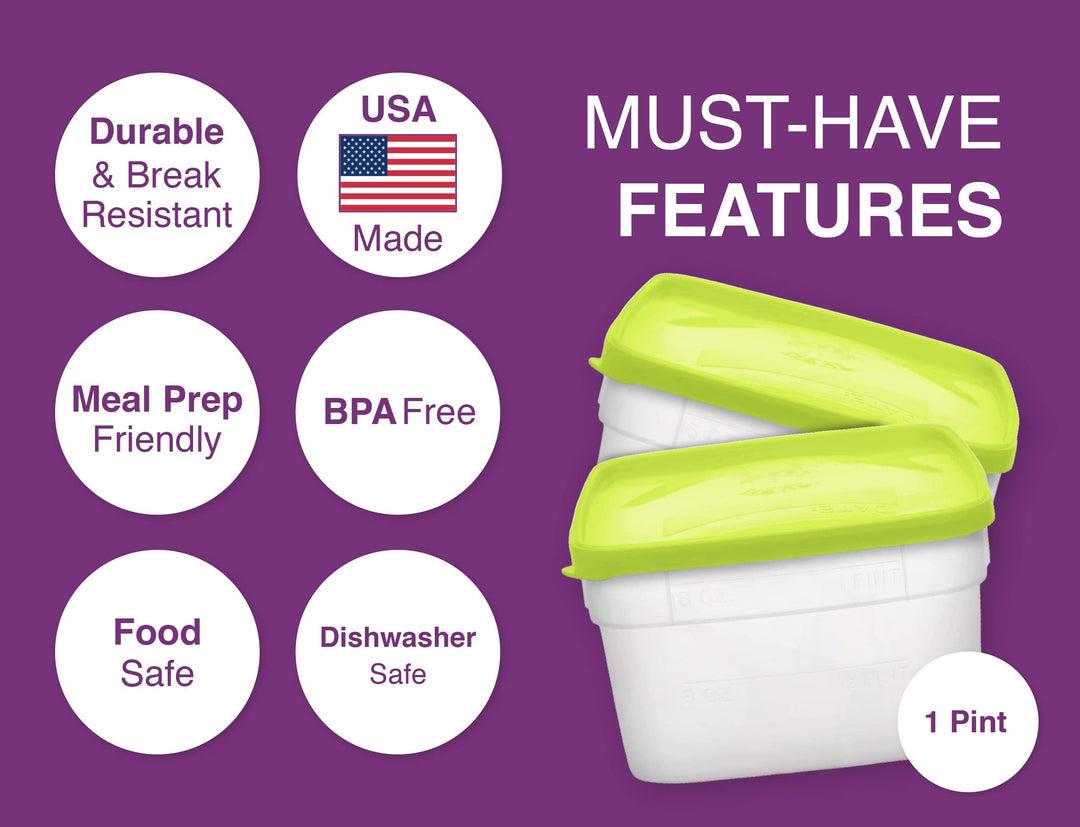 1 Pint Freezer Containers for Food Storage, 10 Pack with Lids - USA Made Reusable Plastic Food Storage Containers - Prep, Store and Freeze - BPA Free, Dishwasher Safe