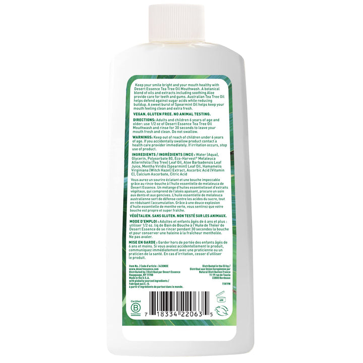 Tea Tree Oil Mouthwash with Essential Spearmint Oil &amp; Aloe - Deep Cleansing, Invigorating Fresh Breath - Fights Cavities &amp; Buildup - Vegan, Non-GMO, SLS-Free, Gluten-Free - 8oz