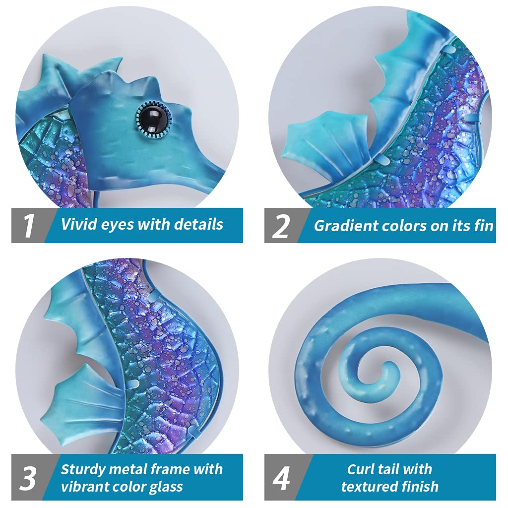Seahorse Wall Decor 14 Inches, Nautical Metal Wall Art, Marine Life Wall Hanging Sculpture for Garden Fence, Patio, Bathroom (Blue)