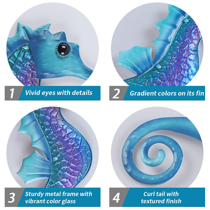 Seahorse Wall Decor 14 Inches, Nautical Metal Wall Art, Marine Life Wall Hanging Sculpture for Garden Fence, Patio, Bathroom (Blue)