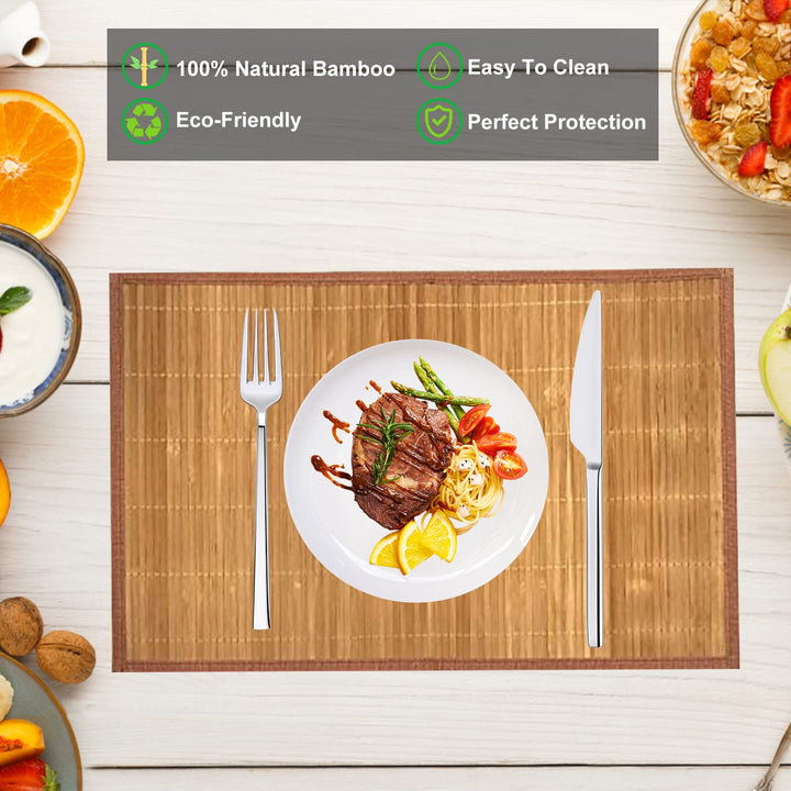 Set of 8 Pcs Bamboo Placemats with Fabric Border Sushi Rolling Mat Japanese Style Natural Anti-Slip Bamboo Placemats Washable Heat-Resistant Table Mats for Dining Room and Kitchen(Coffee)