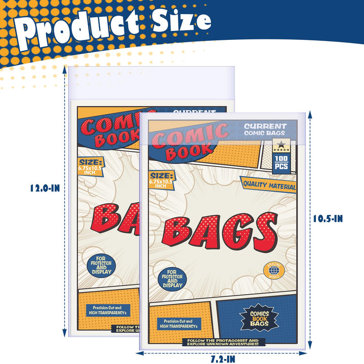 Comic Book Bags, Current Size Comic Bags 7.2 X 10.5 inch Transparent Acid-Free and Reusable Comic Book Sleeves for Regular Comics (100)