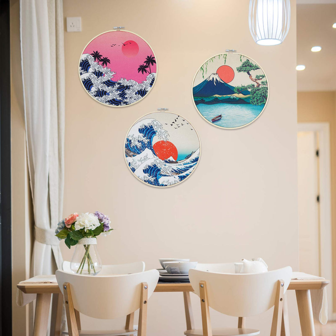 3 Pcs Japanese Wall Art Great Wave Sunset Canvas Art Prints with Frame, Sunrise Lake Landscape Nature Wall Art Painting with Hanging Roping and Nails Wall Hanging for Room(12x12 inches)