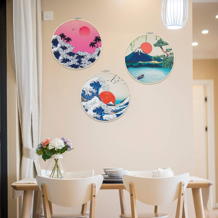 3 Pcs Japanese Wall Art Great Wave Sunset Canvas Art Prints with Frame, Sunrise Lake Landscape Nature Wall Art Painting with Hanging Roping and Nails Wall Hanging for Room(12x12 inches)