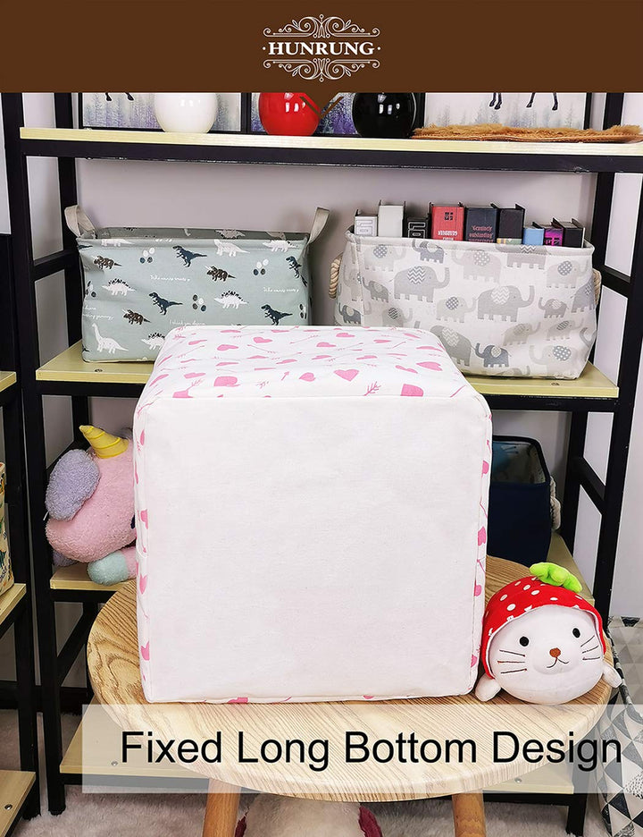 Square Storage Bins Nursery Hamper Canvas Laundry Basket Foldable with Waterproof Nursery Boxes for Shelves/Gift Baskets/Toy Organizer/Office, Bedroom (Square-Pink-heart-arrow)