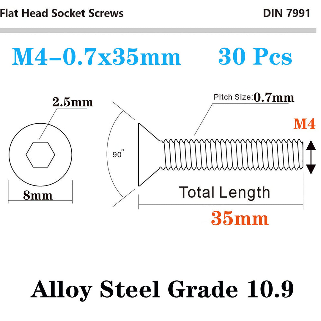 30 Pcs M4-0.7 x 35mm Flat Head Socket Cap Screws, Alloy Steel Grade 10.9, DIN 7991, Allen Socket Drive,Hex Drive,Black Oxide Finish (M4-0.7 x 35mm)