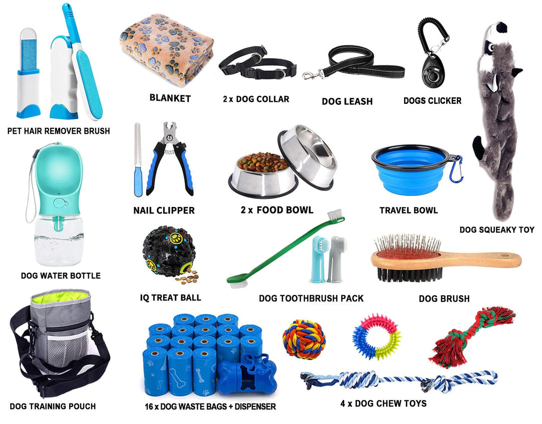 Puppy Supplies Starter Kit - 39-Piece Set of Puppy Essentials and Dog Stuff. Includes Dog Leash, Toys, Bowl, Brushes, Water Bottles,and More. Perfect Welcome Home Gift for Your New Puppies