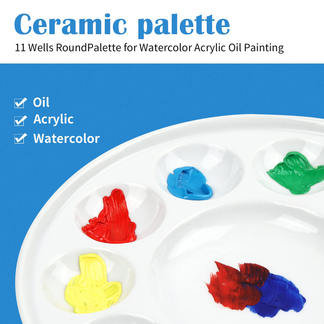 Artist Ceramic Palette, 11 Well Round Porcelain Watercolor Paint Palette for Watercolor Gouache Acrylic Oil Painting, 7-Inch
