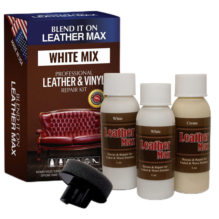 Leather Max Quick Blend Refinish and Repair Kit White, Restore Couches, Recolor Furniture &amp; Repair Car Seats, Jackets, Sofa, Boots 3 Color Shades to Blend with/Leather Vinyl and More (White Mix)
