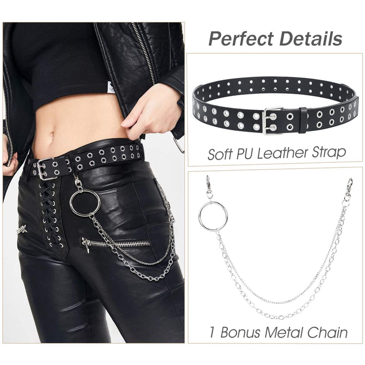 Double Grommet Leather Belt with Detachable Chain for Women Men,Punk Black Belt with Double Studded Holes for Jeans