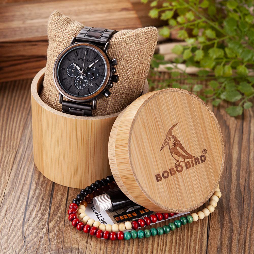 Mens Wooden Watches Business Casual Wristwatches Stylish Ebony Wood &amp; Stainless Steel Combined Chronograph with Wooden Box (Grey)