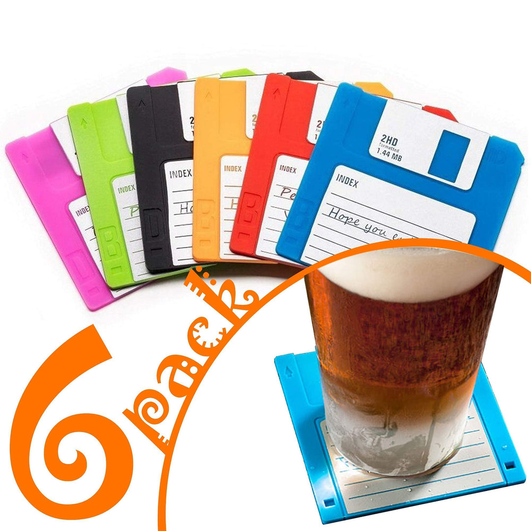 Set of 6 Silicon Floppy Disk Coasters Fun - Retro Coasters - Durable Heat Resistant - Non Slip - Good Gift