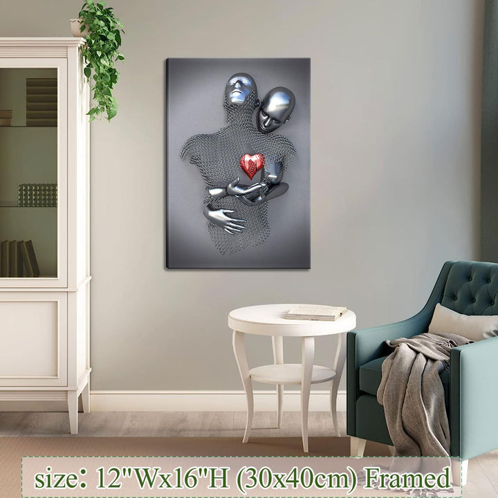 Bedroom Wall Decor,Framed Romantic Couple Living Room Canvas wall art,Love Heart 3D Metal Sculpture Effect,Black and White Modern Abstract hug Lovers Painting Picture Poster Prints for Bathroom Hotel