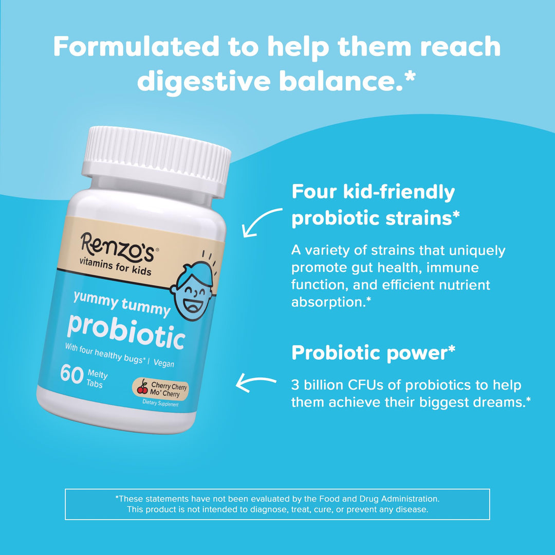 Renzo's Kids Probiotic, Dissolvable Probiotics for Digestive Health & Immune Support, 60 Cherry-Flavored Melty Tabs