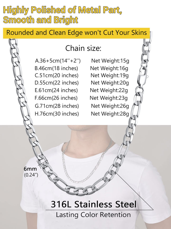 Stainless Steel Chain Figaro Link Necklace 24 inch 6mm Men Jewelry Flat Chains for Man Necklaces