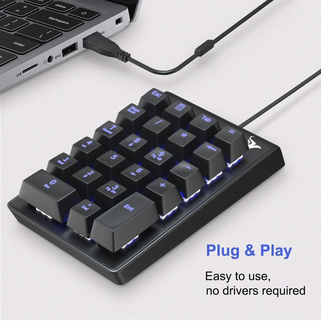 Number Pad, Mechanical USB Wired Numeric Keypad with Blue LED Backlit 22 Key Numpad for Laptop Desktop Computer PC Black (Blue switches)