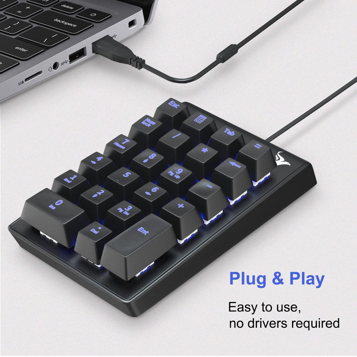 Number Pad, Mechanical USB Wired Numeric Keypad with Blue LED Backlit 22 Key Numpad for Laptop Desktop Computer PC Black (Blue switches)