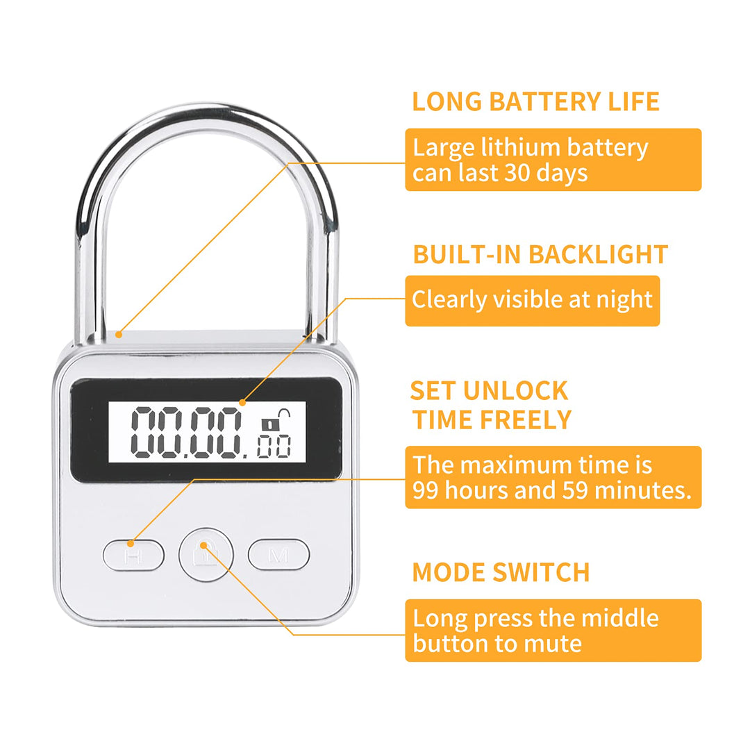 Metal Timer Lock, 99 Hours Max Timing Electronic Lock with LCD Display Micro USB Rechargeable Timer Padlock (Silver)