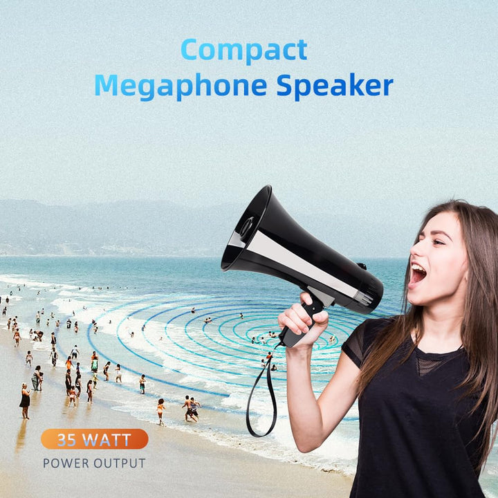 35 Watt Power Portable Megaphone Speaker PA Bullhorn with Detachable Handheld Microphone, Built-in Siren, USB Flash Drive &amp; 240S Recording (Black)