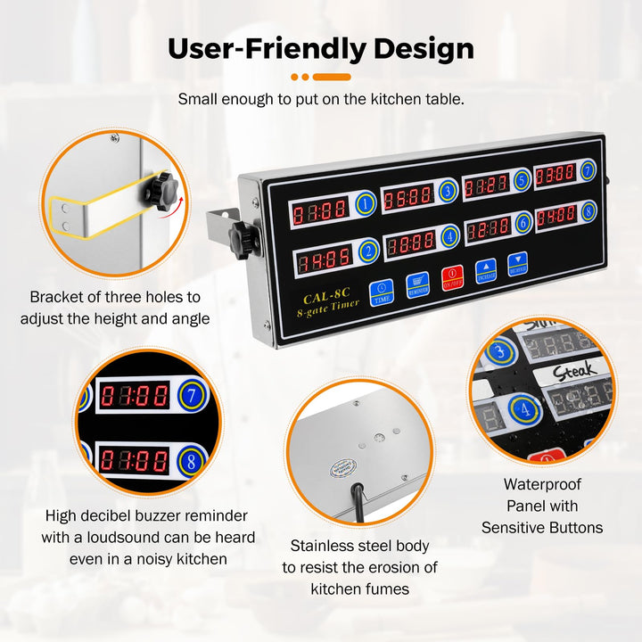 8-Channel Digital Kitchen Timer Commercial Cooking Fryer Reminder Loud Ring Alarm Stainless Steel Adjustable Volume
