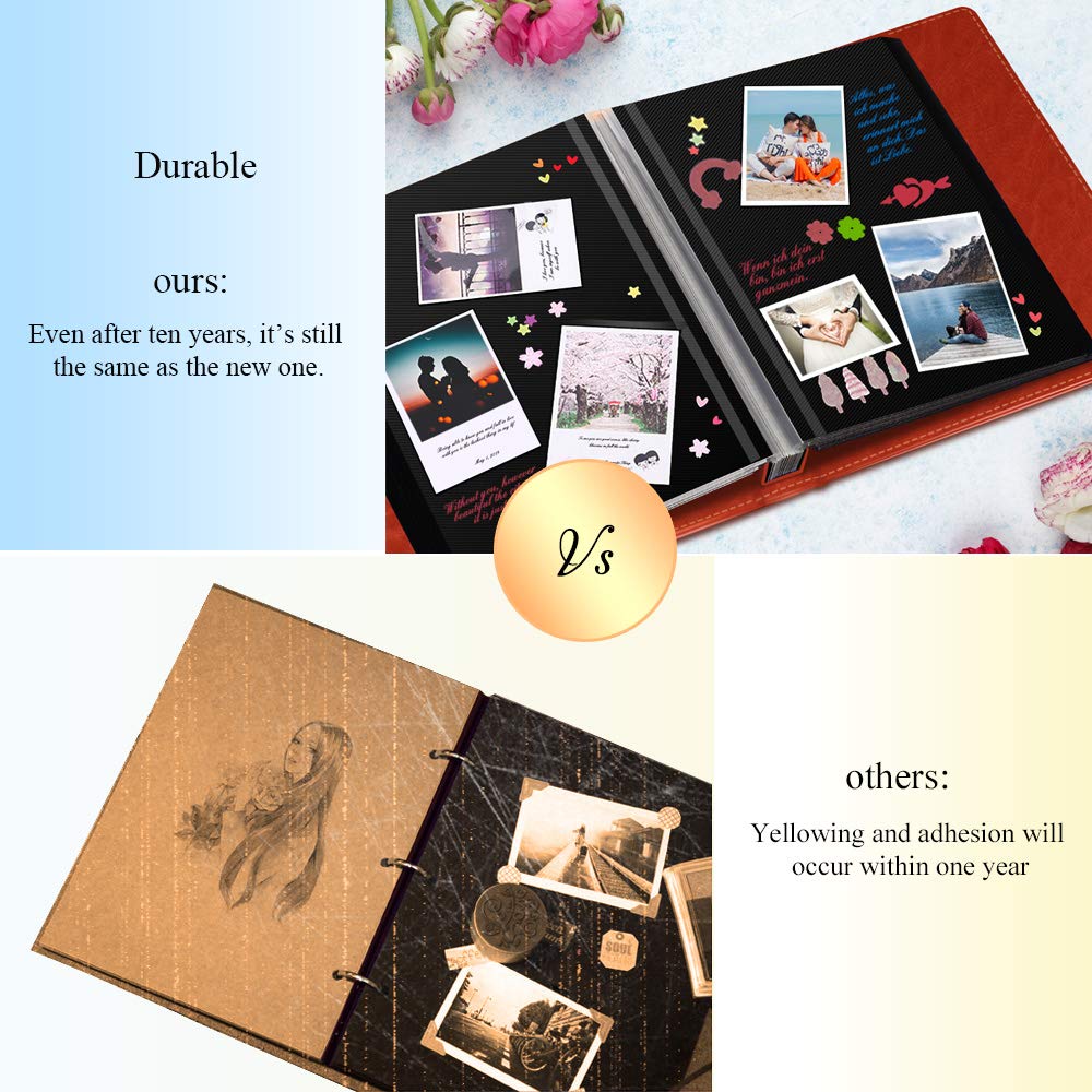 Photo Album Self Adhesive Pages, Leather Cover 60 Black Magnetic Self-Stick Page Hand Made DIY Travel Memory Book Picture Album, Scrapbook Family Albums Holds 3X5, 4X6, 5X7, 6X8