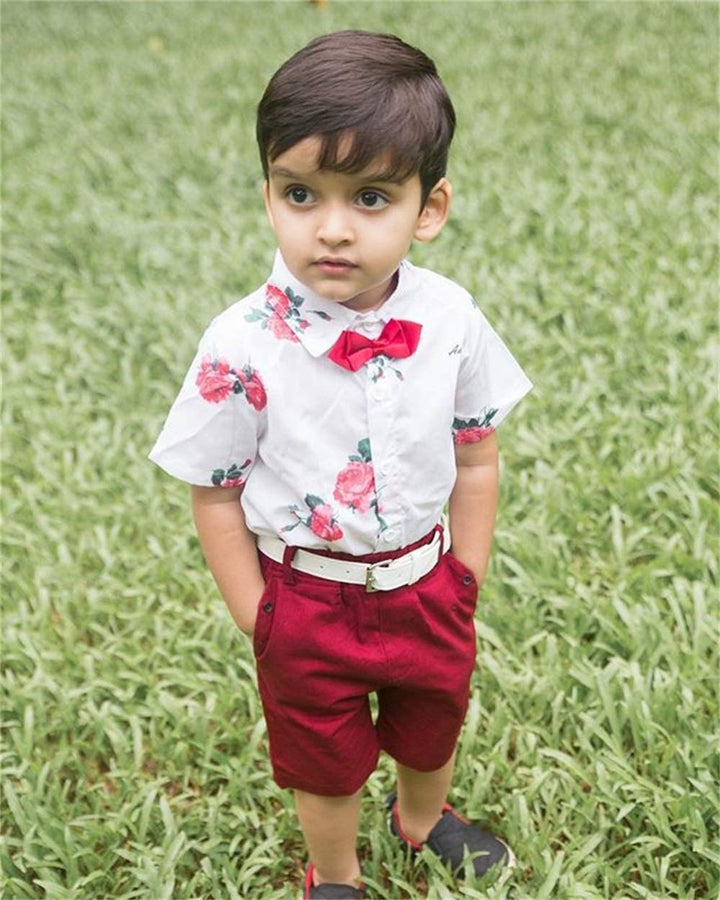 Toddler Baby Boys Rose Floral Shorts Set Short Sleeve Button Down Shirt + Shorts Pants 2 Pieces Infant Summer Clothes Outfits Red 2-3 Years