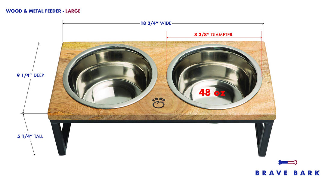 Mango Wood Dog Bowl Stand - Elevated Pet Feeder with 2 Stainless Steel Bowls - Raised Food and Water Dish Set for Dogs and Cats, Available in 4 Sizes, Pet Dining Station, Large/48oz