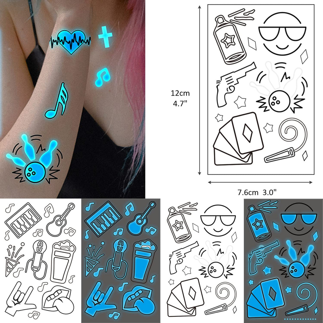 80+ Glow in the Dark Blue Temporary Tattoos for Adults, Mixed Style Tattoo, Luminous Pub Music Sexy Holiday Guns Fake Tattoo, Men Women Party Favor Supplies