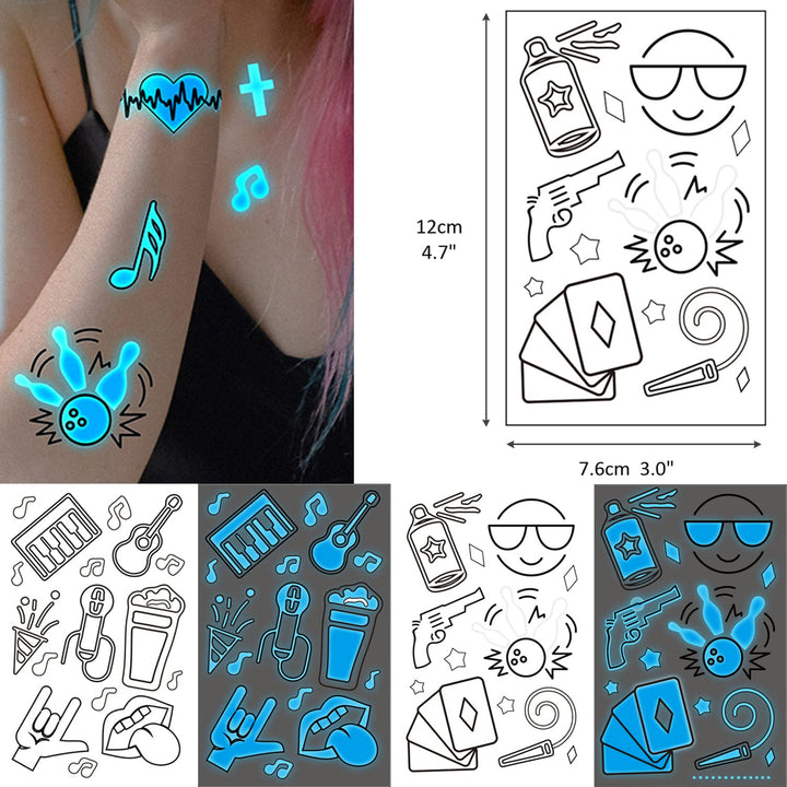 80+ Glow in the Dark Blue Temporary Tattoos for Adults, Mixed Style Tattoo, Luminous Pub Music Sexy Holiday Guns Fake Tattoo, Men Women Party Favor Supplies