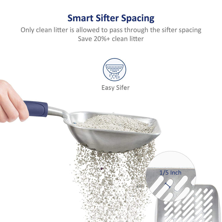 WePet Cat Litter Scoop, Aluminum Alloy Sifter, Kitty Metal Scooper, Deep Shovel with Diagonal Sifting Hole, Long Handle, Kitten Poop Lifter for Litter Box, Large Size, Blue Handle