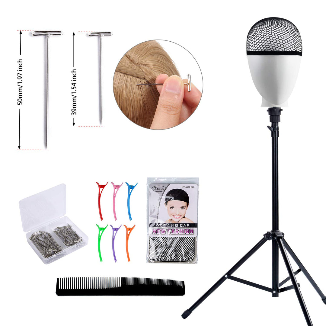 Reinforced Wig Stand Tripod Mannequin Head Stand, Adjustable Holder for Cosmetology Hairdressing Training with T-with Caps, T-Pins, Comb, Hair Clip, Carrying Bag