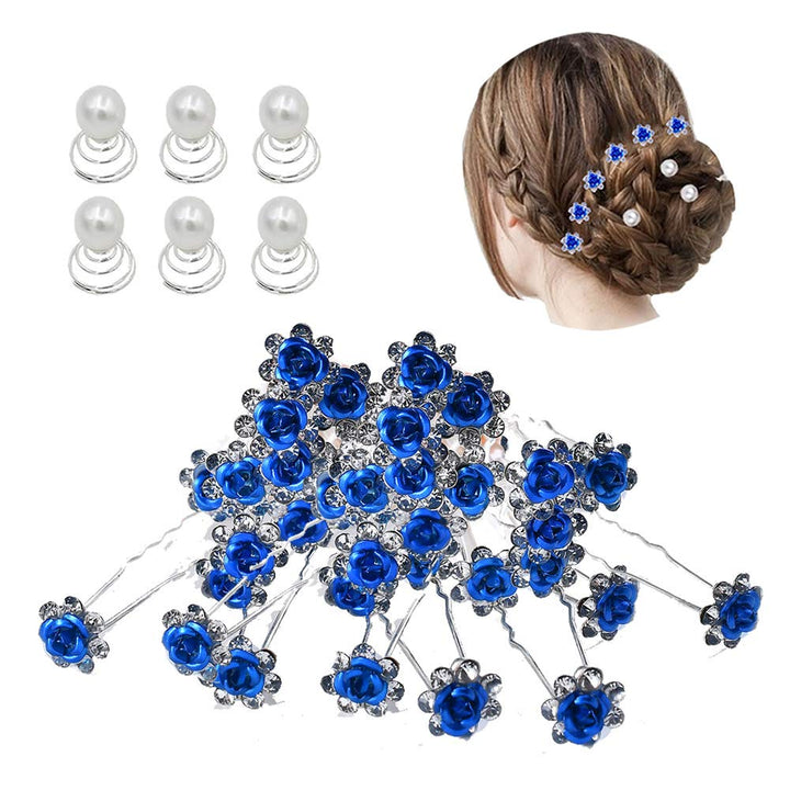 Royal Blue Set: Insowni 40Pcs Bridal Wedding Rhinestone Rose Flower U-Shaped Hair Pins &amp; 6Pcs Twist Pearl Hairpins Headpiece Set In Gift Box For Women Girls Bridesmaid (Royal Blue