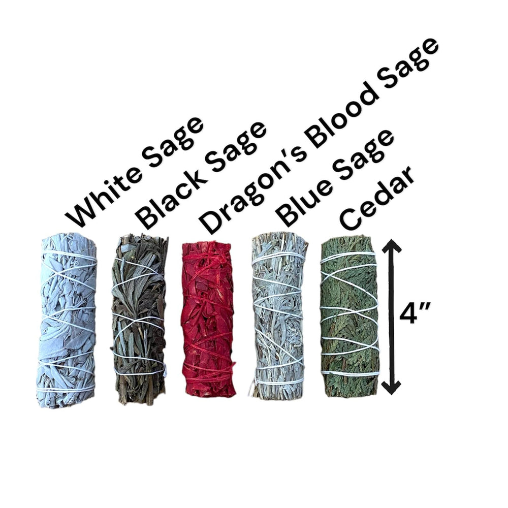NessaStores 5 pc Smudge Stick Sampler 3 Kits of White Sage, Black Sage, White Sage Dragon's Blood, Blue Sage, & Cedar - 4 Inch Hand Tied, All Natural, Ethically Sourced for Home Cleansing JC-209