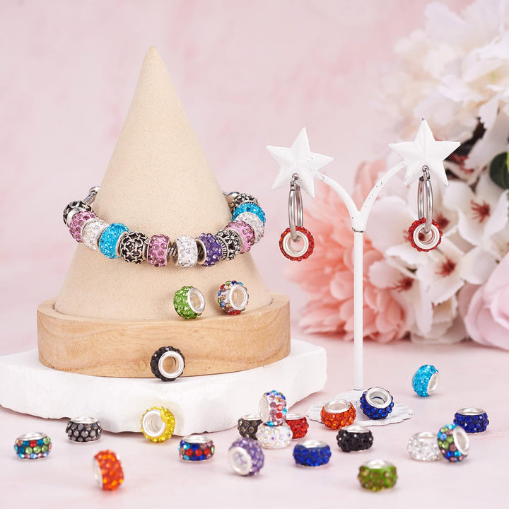 100Pcs Random Mixed Color Polymer Clay Large Hole European Beads with Rhinestone 11-12x7-7.5mm Rondelle Slide Bead Spacers for DIY Snake Chain Bracelet Making 5mm Big Hole