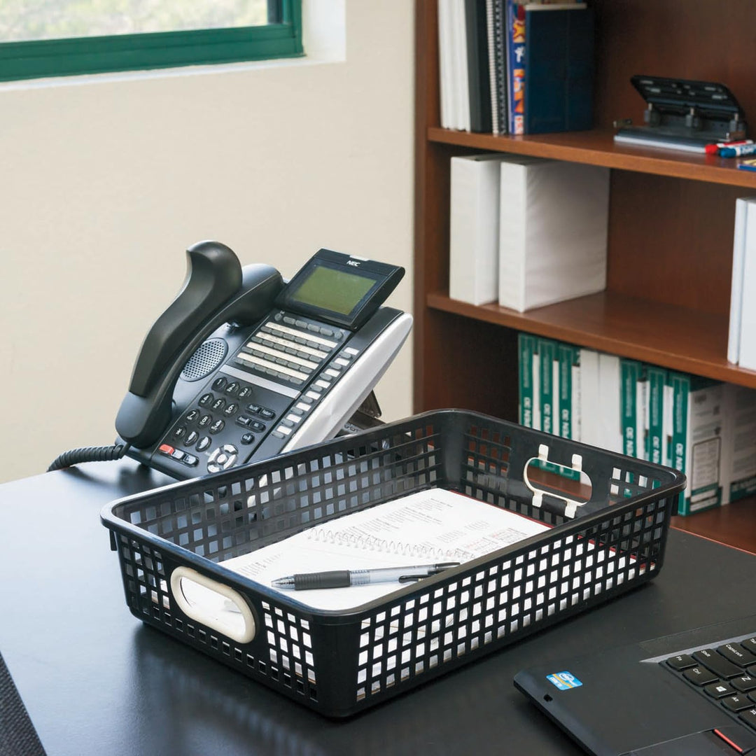 Plastic Desktop Paper Storage Baskets for Classroom or Home Use – 14”x10” Plastic Mesh Baskets Keep Papers Crease-Free and Secure – Pebble Colored Basket With White Handles (1)