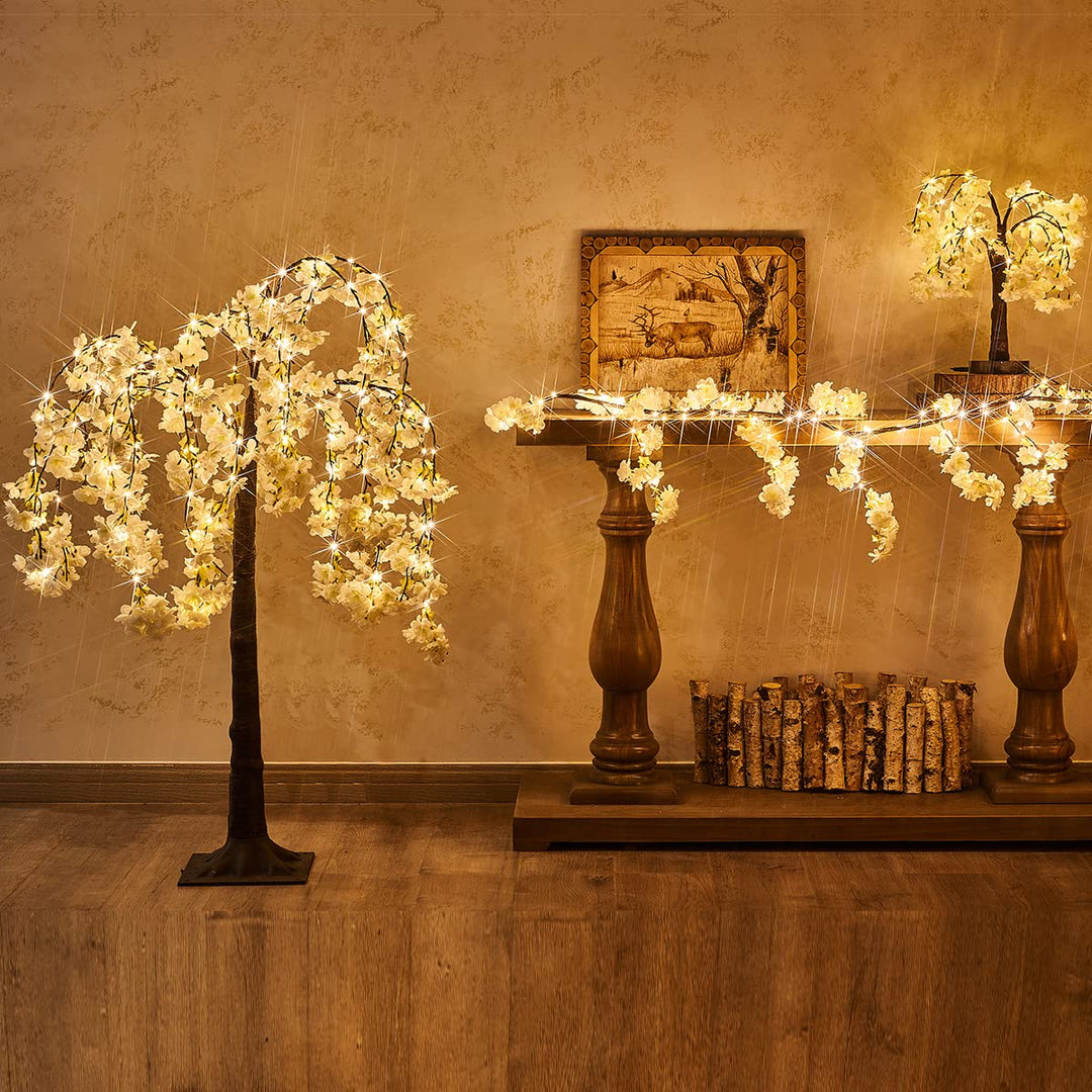 Fudios Lighted White Cherry Blossom Garland Decor with 